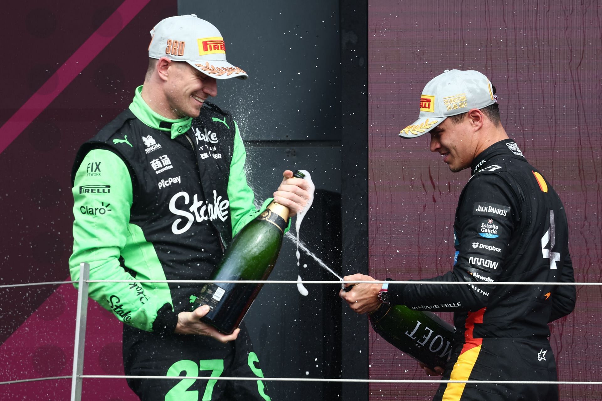 Hulkenberg celebrates his podium finish with race winner Lando Norris at the 2025 F1 British Grand Prix (Getty Images)
